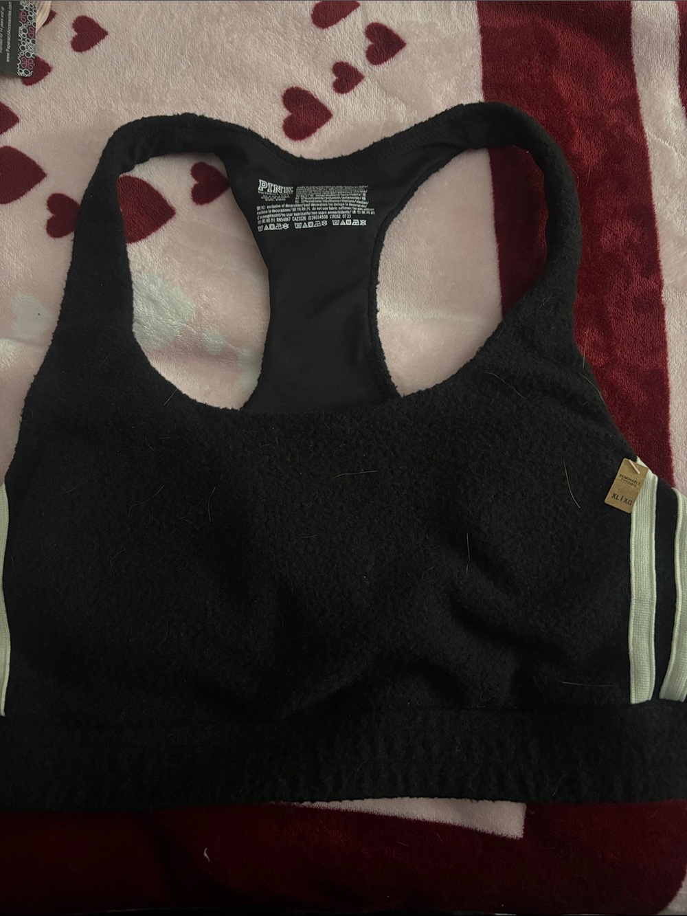 PINK Victoria's Secret Fuzzy Black Racerback Sports Bra with White Stripe